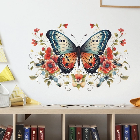 Kleurrijke Vlinder En Bloemen Muursticker PVC Zelfklevend Verwijderbaar Artistieke Bloemen Decoratie Voor Woonkamer Slaapkamer Huis
