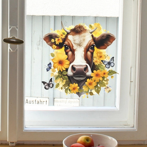 Adesivo Statico per Finestre con Testa di Mucca Girasole e Farfalla in PVC Stampato Adesivo Decorativo per Finestre Murales in Vetro per Soggiorno e Camera da Letto