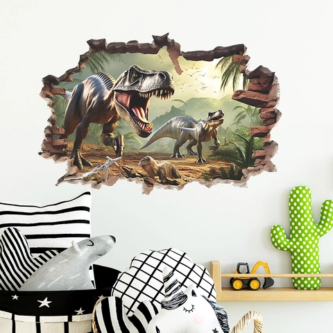 Realistischer 3D Dinosaurier Wandsticker Mit Mauerdurchbruch PVC Wasserdicht Abnehmbar Wandtattoo Für Kinderzimmer Haus Deko