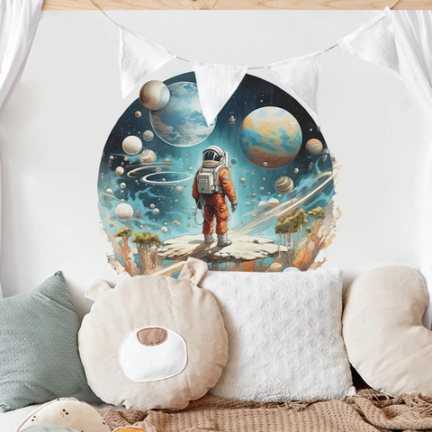 Sticker Mural Astronaute Dessin Animé Espace Univers Planète pour Chambre d'Enfant Salon Décoratif PVC Amovible Autocollant Mural DIY