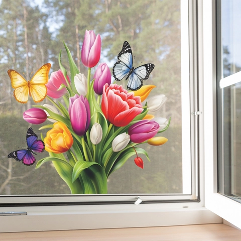 Adesivi per Finestre con Tulipani Dipinti e Farfalle Statici in PVC Autoadesivi Decalcomanie in Vetro per Soggiorno Camera da Letto