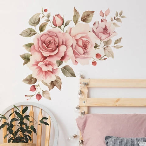 Watercolor Pink Rose Flower Wall Stickers PVC Romantic Floral Leaves Wall Decal For Bedroom Living Room Home Wall Decor