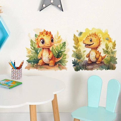 Vinilos Decorativos de Dinosaurios de Dibujos Animados Acuarela Calcomanías de Pared de PVC Animales Hojas para Habitación Infantil Decoración
