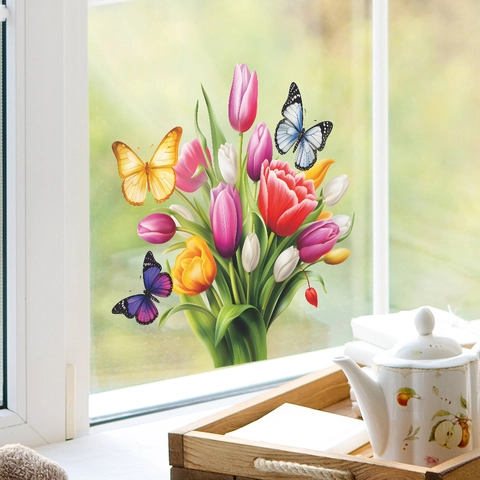 Adesivi per Finestre con Tulipani Dipinti e Farfalle Statici in PVC Autoadesivi Decalcomanie in Vetro per Soggiorno Camera da Letto