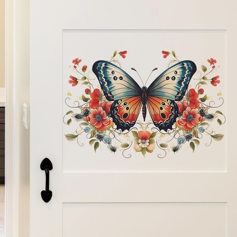 Kleurrijke Vlinder En Bloemen Muursticker PVC Zelfklevend Verwijderbaar Artistieke Bloemen Decoratie Voor Woonkamer Slaapkamer Huis