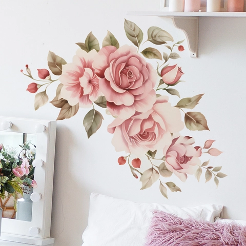 Watercolor Pink Rose Flower Wall Stickers PVC Romantic Floral Leaves Wall Decal For Bedroom Living Room Home Wall Decor