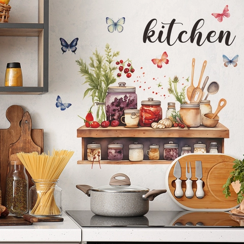 Kitchen Wall Sticker PVC Watercolor Herb Jar Butterfly Decal For Kitchen Decor DIY Self Adhesive Aesthetic Wall Mural