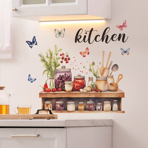 Kitchen Wall Sticker PVC Watercolor Herb Jar Butterfly Decal For Kitchen Decor DIY Self Adhesive Aesthetic Wall Mural