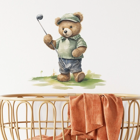 Watercolor Golf Teddy Bear Wall Sticker For Kids Room Nursery Decor Removable PVC Cartoon Bear Wall Decal Home Art Mural