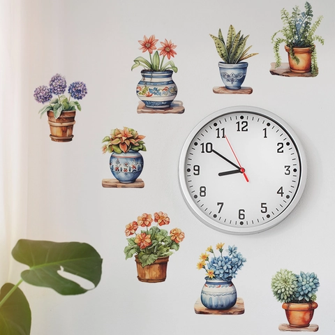 Pegatinas de Pared de Plantas en Maceta de Acuarela DIY Flores Pintadas a Mano Suculentas PVC Calcomanías para Hogar