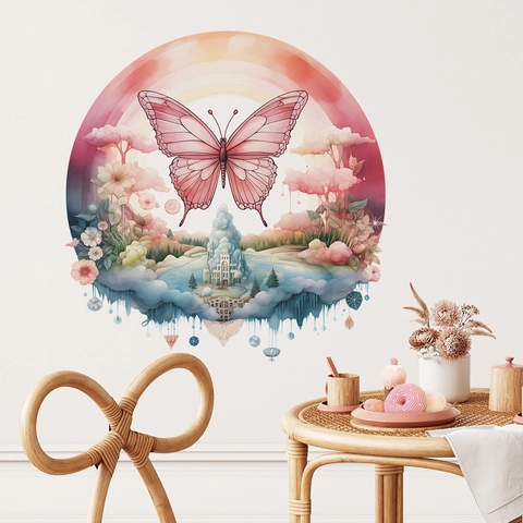 Aquarel Vlinder Droomkasteel Ronde Muursticker Voor Kinderkamer Woonkamer PVC Decoratieve Bloemen Muurstickers