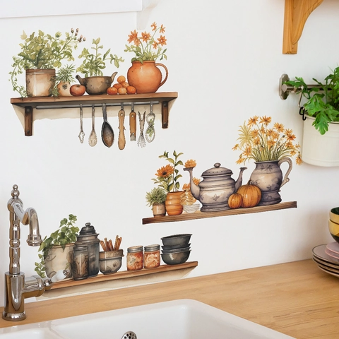 Watercolor Kitchen Potted Plants Wall Stickers PVC Self-Adhesive Farmhouse Style Sunflower Kitchenware Decor For Dining Room