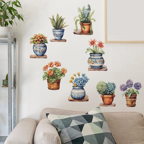 Pegatinas de Pared de Plantas en Maceta de Acuarela DIY Flores Pintadas a Mano Suculentas PVC Calcomanías para Hogar