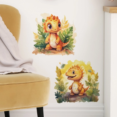 Vinilos Decorativos de Dinosaurios de Dibujos Animados Acuarela Calcomanías de Pared de PVC Animales Hojas para Habitación Infantil Decoración