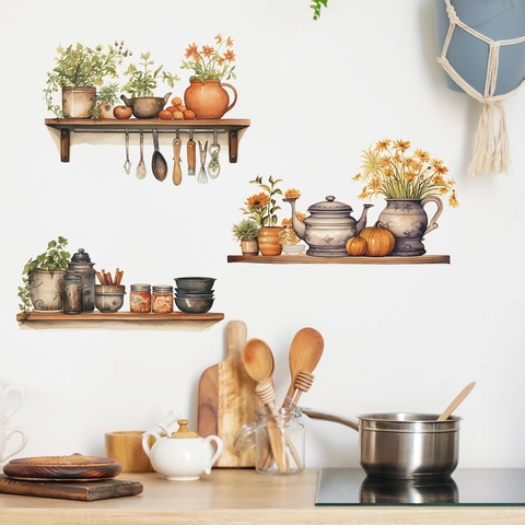 Watercolor Kitchen Potted Plants Wall Stickers PVC Self-Adhesive Farmhouse Style Sunflower Kitchenware Decor For Dining Room