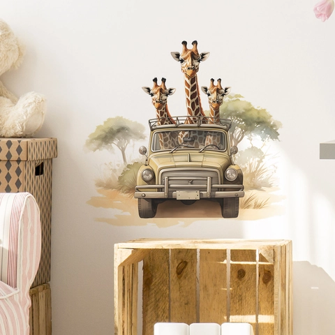 Cartoon Giraffe Auto Aquarel PVC Muursticker Savanne Dieren Decoratieve Sticker Voor Kinderkamer Slaapkamer Woonkamer Home Decor