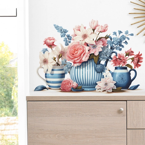 Creative Pink Rose Lily Flower Blue Striped Vase PVC Wall Sticker For Dining Room Kitchen Removable DIY Art Mural Decor