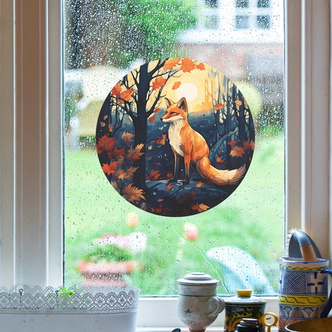 Cartoon Vos Bos Ronde Raamsticker Herfst Esdoornblad Statische Kleefkracht Glas Sticker PVC Waterdicht Decoratie Thuis