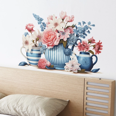 Creative Pink Rose Lily Flower Blue Striped Vase PVC Wall Sticker For Dining Room Kitchen Removable DIY Art Mural Decor