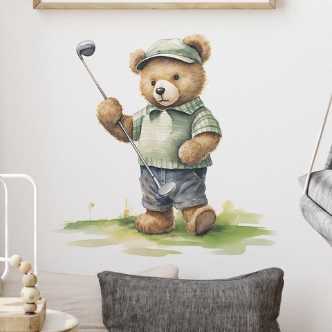Watercolor Golf Teddy Bear Wall Sticker For Kids Room Nursery Decor Removable PVC Cartoon Bear Wall Decal Home Art Mural