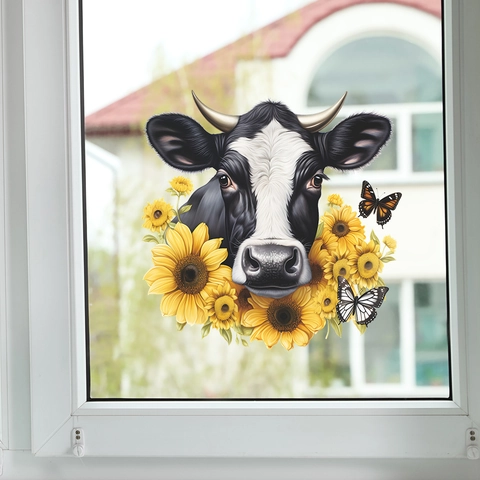 Adesivo da Parete con Testa di Mucca Realistica e Girasoli con Farfalle Decalcomania per Vetri in Stile Rurale Decorazione Casa