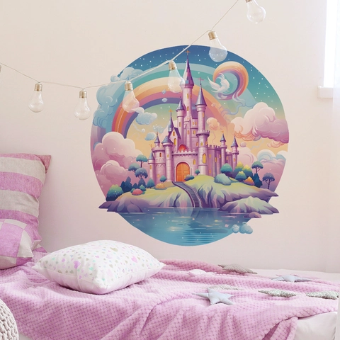 Aquarell Traumhaftes Schloss Regenbogen Wandtattoo Für Kinderzimmer PVC Abnehmbar Selbstklebend Runde Wandaufkleber