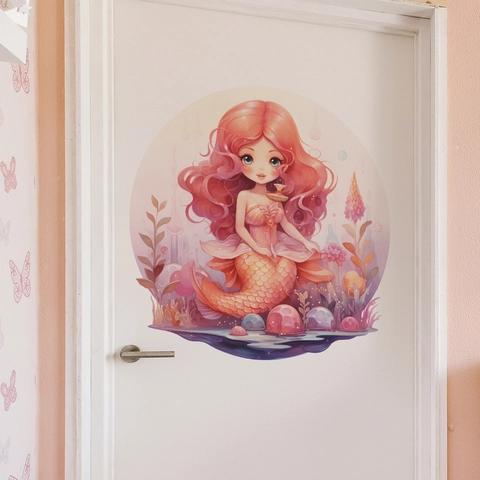 Pegatina de Pared Redonda Dibujos Animados Sirena PVC Autoadhesiva Removible Decoración Para Habitación Niñas Dormitorio