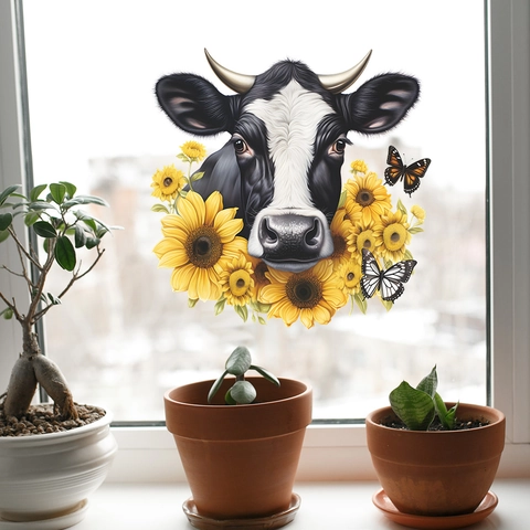 Adesivo da Parete con Testa di Mucca Realistica e Girasoli con Farfalle Decalcomania per Vetri in Stile Rurale Decorazione Casa