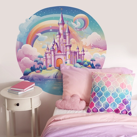 Aquarell Traumhaftes Schloss Regenbogen Wandtattoo Für Kinderzimmer PVC Abnehmbar Selbstklebend Runde Wandaufkleber