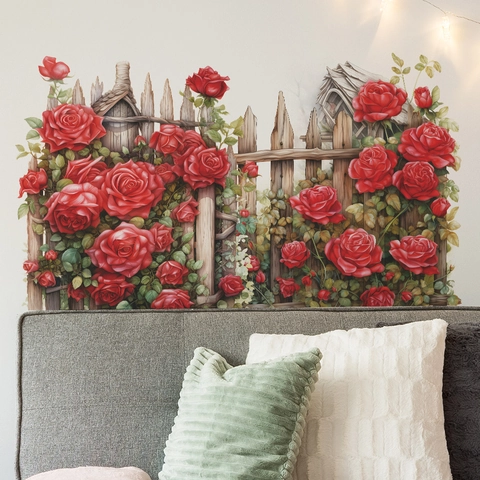 Adesivo da Parete Romantico Rosa Rossa Staccionata in Legno PVC Autoadesivo Floreale per Camera da Letto Soggiorno San Valentino Casa