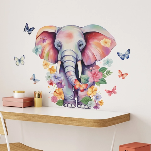 Watercolor Elephant Butterfly Flower Wall Stickers PVC Removable Cartoon Wall Decals For Kids Room Nursery Home Decor