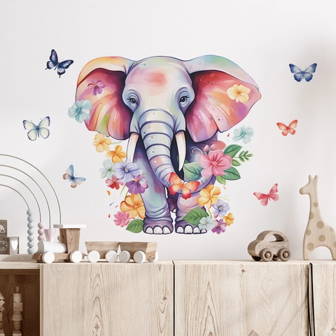 Watercolor Elephant Butterfly Flower Wall Stickers PVC Removable Cartoon Wall Decals For Kids Room Nursery Home Decor