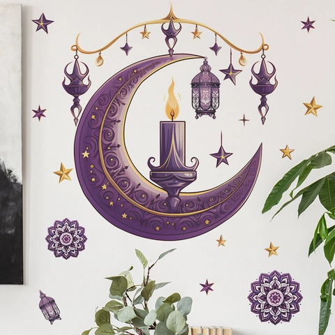 Pegatinas de Pared de Ramadan Eid Luna Púrpura Estrella Linterna PVC Removible DIY Calcomanía de Arte Para Sala de Estar Hogar