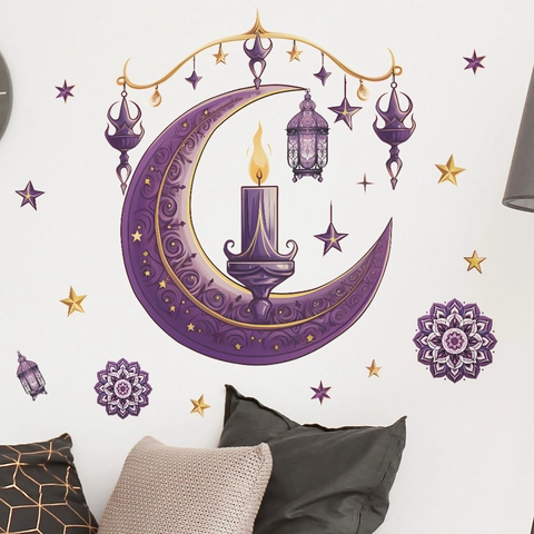 Pegatinas de Pared de Ramadan Eid Luna Púrpura Estrella Linterna PVC Removible DIY Calcomanía de Arte Para Sala de Estar Hogar
