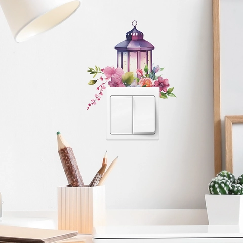 Pegatina de Pared Creativa de Linterna Púrpura y Flores de PVC Calcomanía de Interruptor Acuarela para Decoración del Hogar
