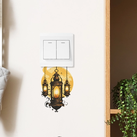 Adesivo da Parete Vintage Ramadan Eid Mubarak Lanterna Medio Orientale Luna PVC Adesivo Decorativo per Interruttore per Casa Soggiorno