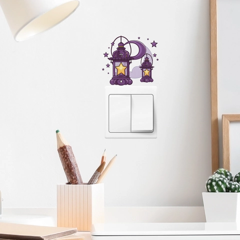 Ramadan Eid Dekoration Lila Laterne Mond Stern Wandtattoo PVC Selbstklebend Abnehmbar Lichtschalter Aufkleber Für Haus Dekor