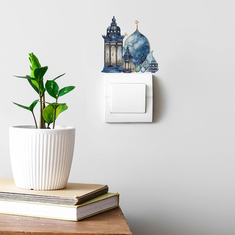 Ramadan Eid Mubarak Pegatinas de Pared Mezquita Azul Linterna PVC Removible Estrella Luna Calcomanías Interruptor Decoración