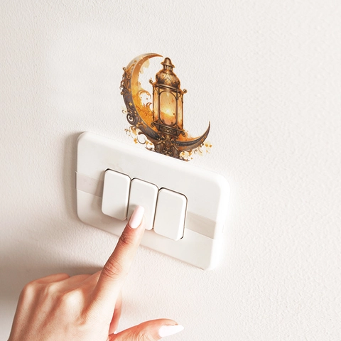Pegatina de Pared Eid Mubarak Ramadan Luna Linterna Decoración Islámica Oro Vinilo Interruptor PVC Dormitorio Arte