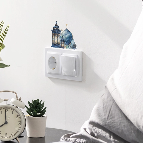Ramadan Eid Mubarak Pegatinas de Pared Mezquita Azul Linterna PVC Removible Estrella Luna Calcomanías Interruptor Decoración