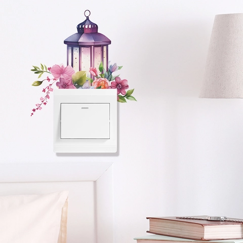 Pegatina de Pared Creativa de Linterna Púrpura y Flores de PVC Calcomanía de Interruptor Acuarela para Decoración del Hogar