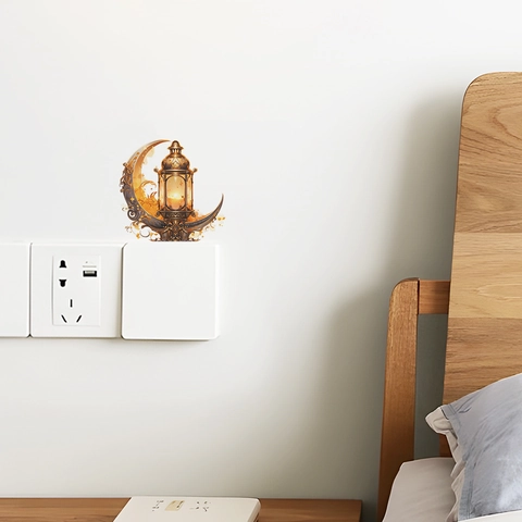 Pegatina de Pared Eid Mubarak Ramadan Luna Linterna Decoración Islámica Oro Vinilo Interruptor PVC Dormitorio Arte