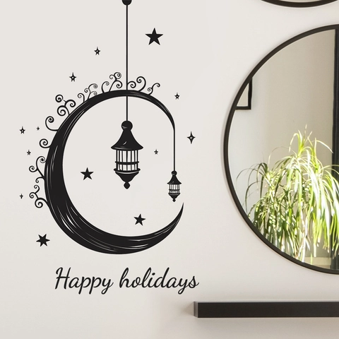 Adhesivo de Pared de PVC de Linterna de Luna de Estrella de Festival de Oriente Medio Happy Holidays Mural de Vidrio DIY Removible Decoración