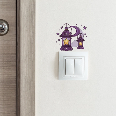 Ramadan Eid Dekoration Lila Laterne Mond Stern Wandtattoo PVC Selbstklebend Abnehmbar Lichtschalter Aufkleber Für Haus Dekor