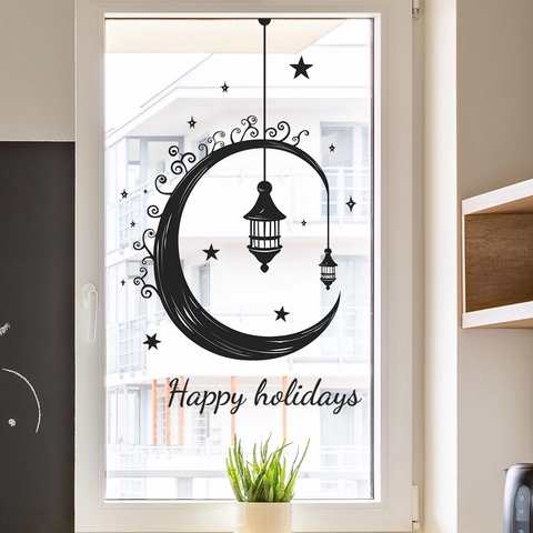Adhesivo de Pared de PVC de Linterna de Luna de Estrella de Festival de Oriente Medio Happy Holidays Mural de Vidrio DIY Removible Decoración