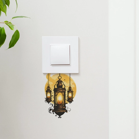 Adesivo da Parete Vintage Ramadan Eid Mubarak Lanterna Medio Orientale Luna PVC Adesivo Decorativo per Interruttore per Casa Soggiorno