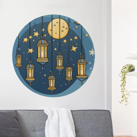 Adesivo Murale Ramadan Luna Stelle Lanterna PVC Rotondo Eid Mubarak Decalcomania Per Soggiorno Camera Bambini Decorazione Casa