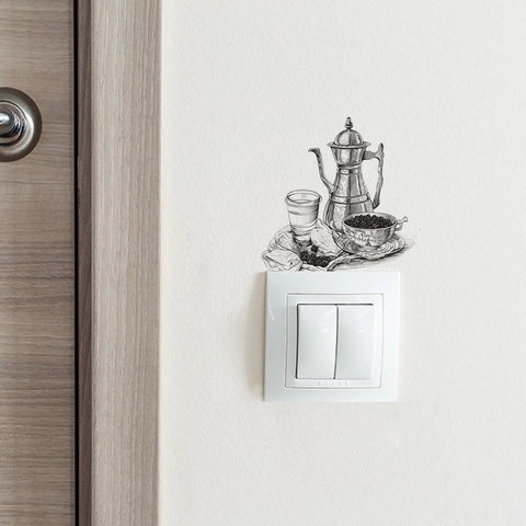 Pegatina de Pared Creativa Cafetera Estilo Boceto PVC Calcomanía Interruptor de Luz Para Cocina Dormitorio Sala de Estar Decoración