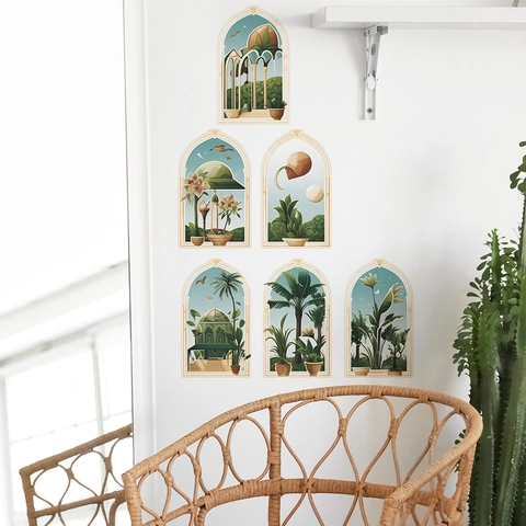 Tropische Pflanzen Bogenfenster Wandtattoo Mediterraner Stil PVC Blumen Architektur Aufkleber Für Wohnzimmer Schlafzimmer Deko
