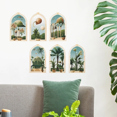 Tropische Pflanzen Bogenfenster Wandtattoo Mediterraner Stil PVC Blumen Architektur Aufkleber Für Wohnzimmer Schlafzimmer Deko